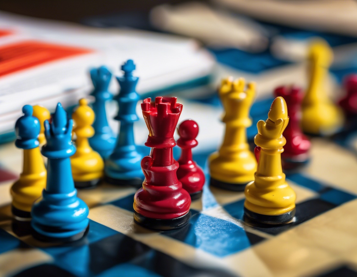 Coloured chess pieces set out on a board.