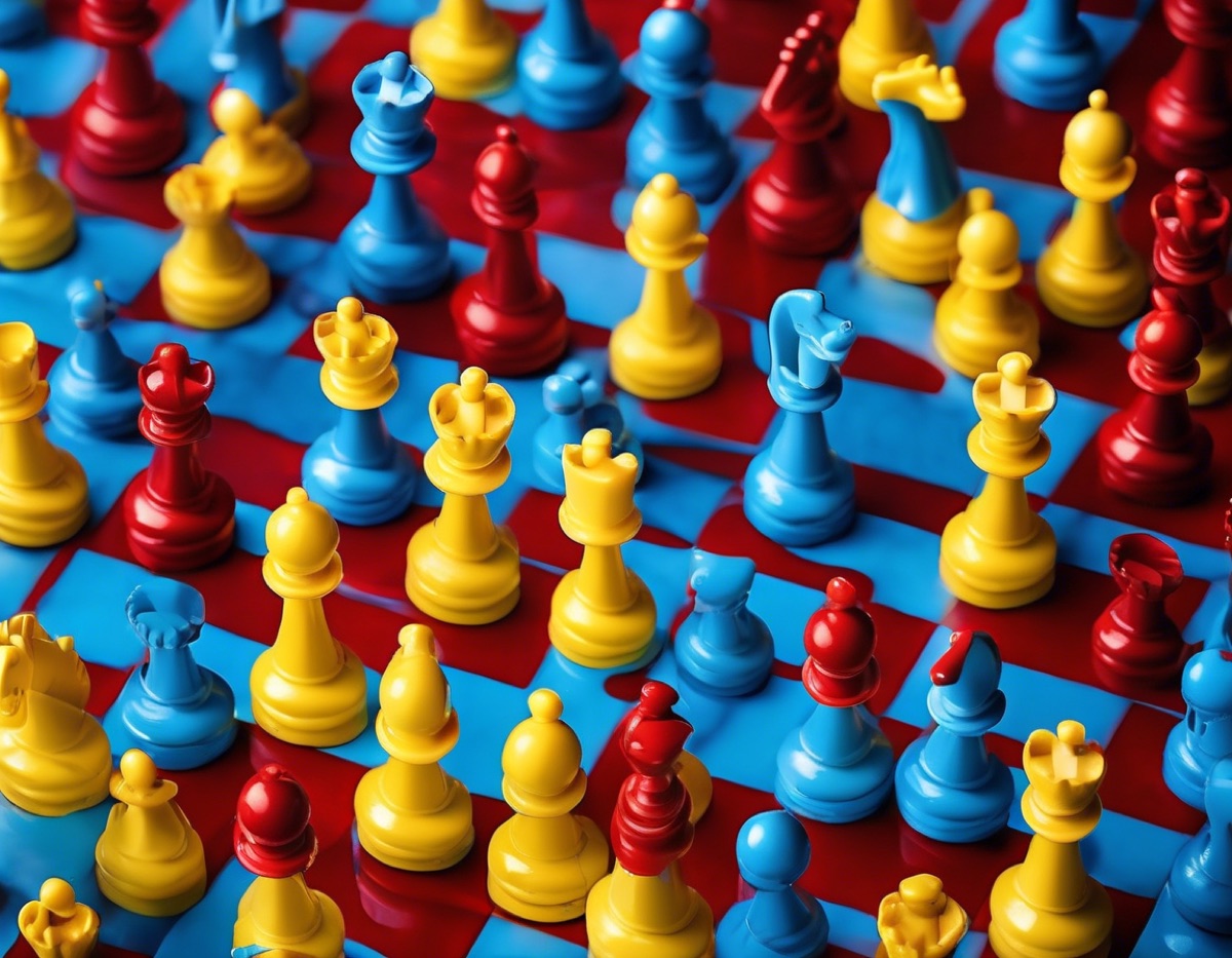 Rows of coloured chess pieces on a board.
