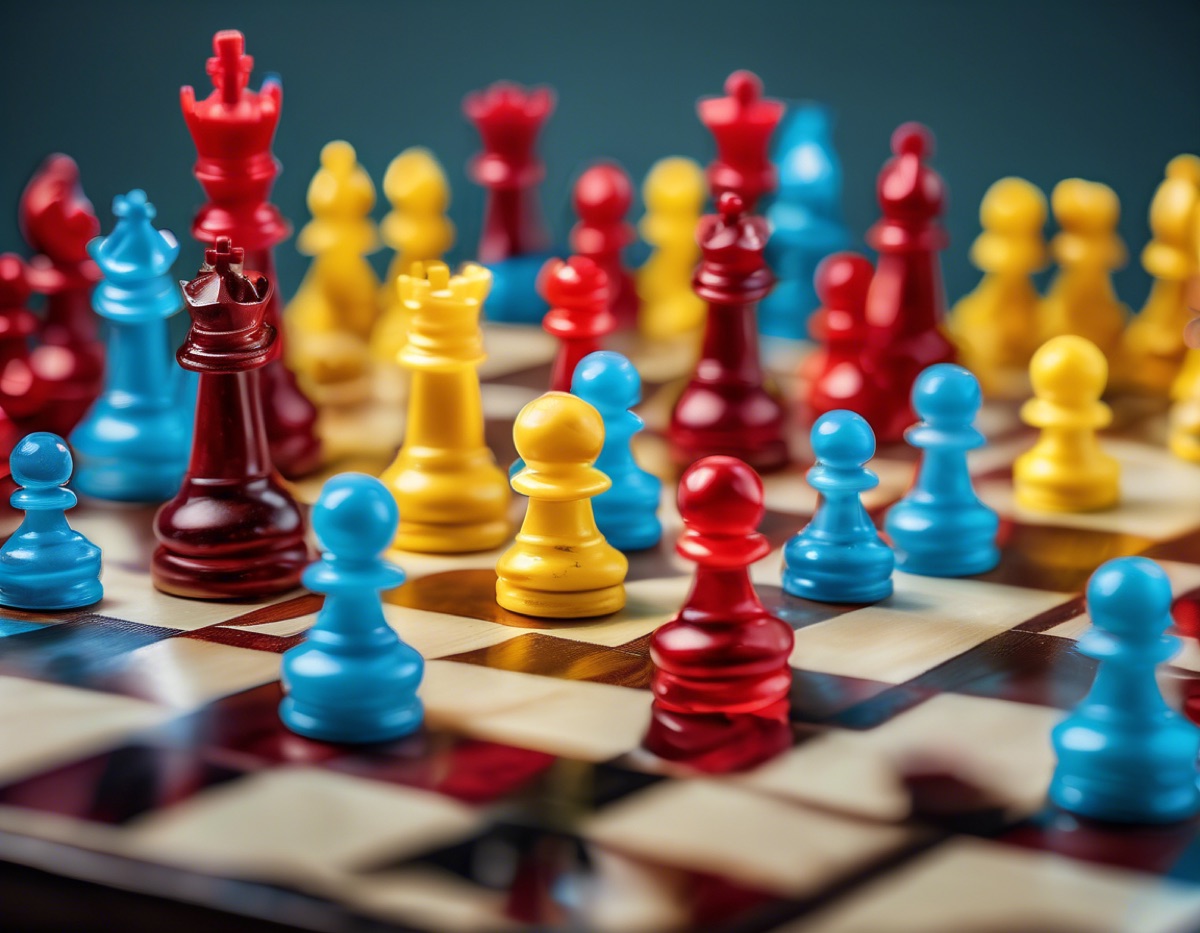 Coloured chess pieces arranged on a board.